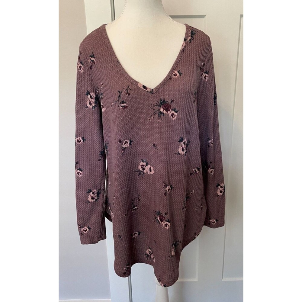 TORRID Womens TOP Long Sleeve PURPLE Pink FLORAL Waffle Knit Size 1 (1X 14/16)